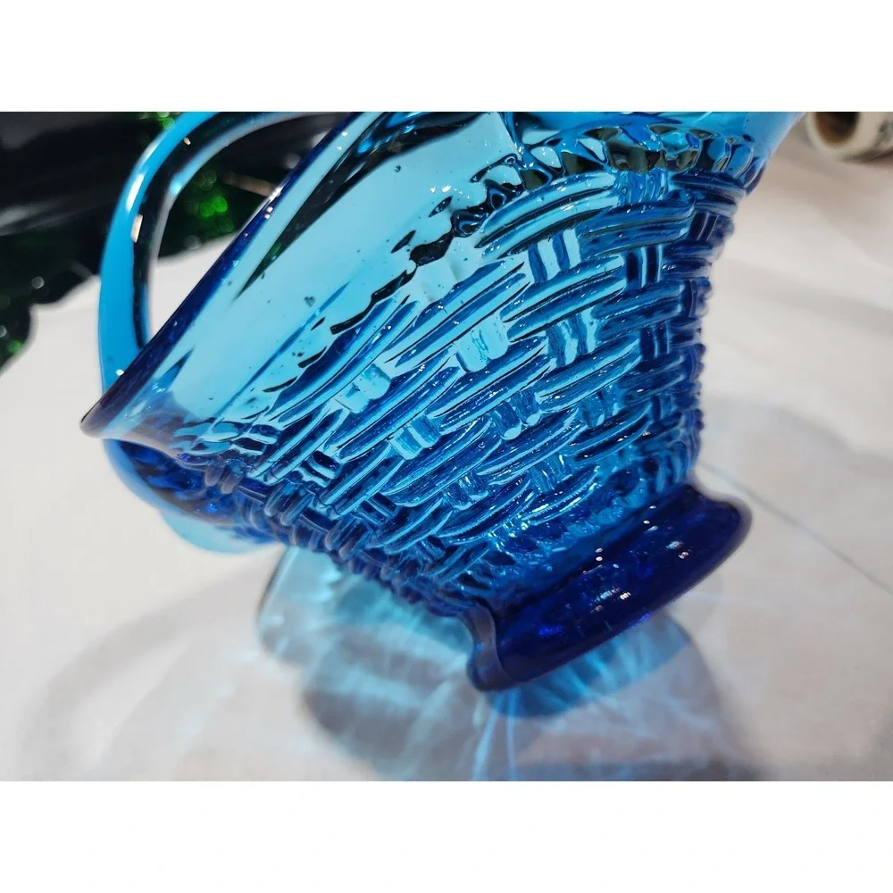 Fenton Style~ Basketweave Basket~ Ruffled~Crimped~Blue Glass~Trinket~Candy Dish
